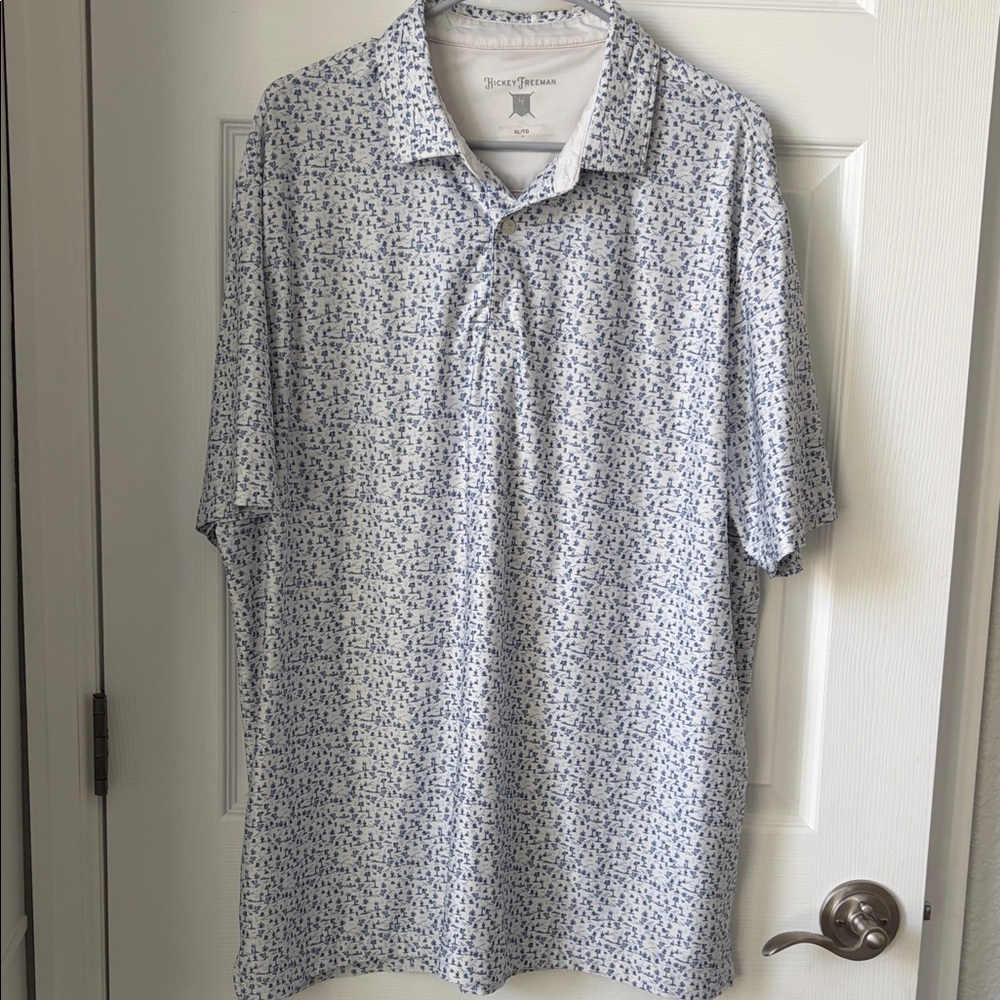 Hickey Freeman White Polo with Blue Micro Dot Print